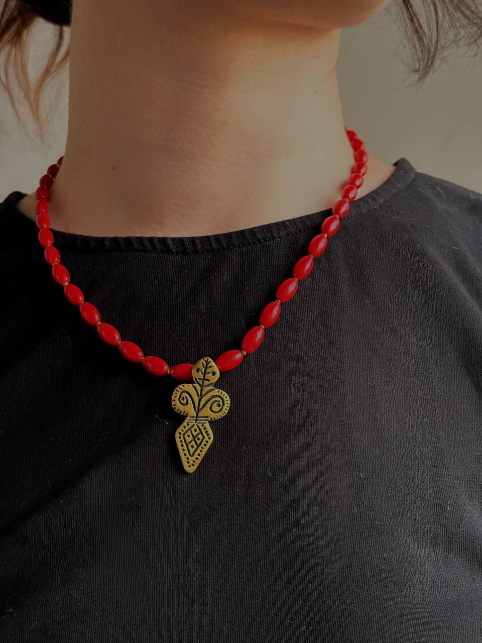 Red Coral Necklace with Brass Folk-Inspired Pendant Beregynya Ukrainian Handmade Ethnic Jewelry
