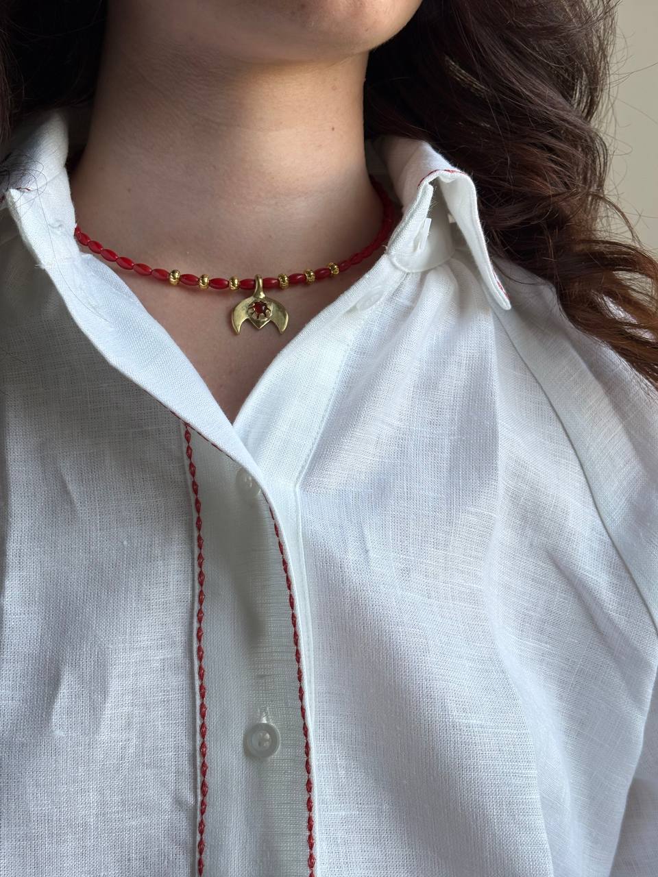 Red Coral Necklace with Brass Pendant Ukrainian Handmade Ethnic Jewelry