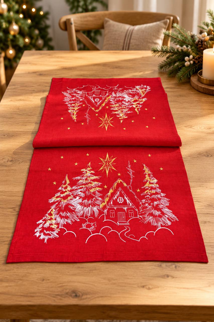 Red Runner table fairy forest linen tablecloth 140*48 СМ Embroidered Tablecloth Gift for Christmas