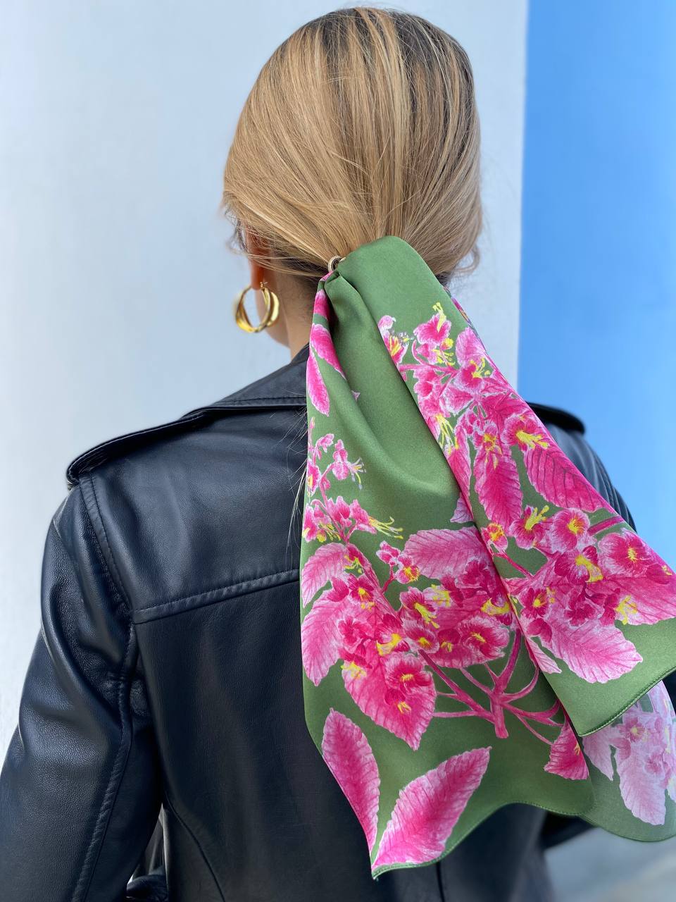 Silk Scarf Chestnut Green Silk Headscarf with Pink Floral Print Elegant Square 