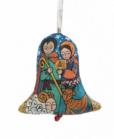 A colorful embroidered textile bell-shaped Christmas tree decoration featuring characters in traditional attire with a festive design.