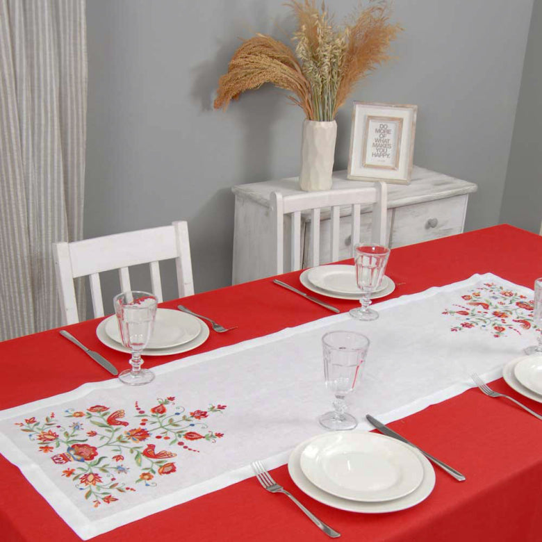 Tree of Life Embroidered White Tablecloth 140x40 cm Ukrainian Design