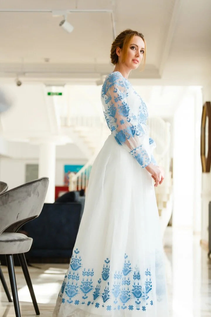Wedding White Maxi Dress Ukrainian blue Embroidery Boho 