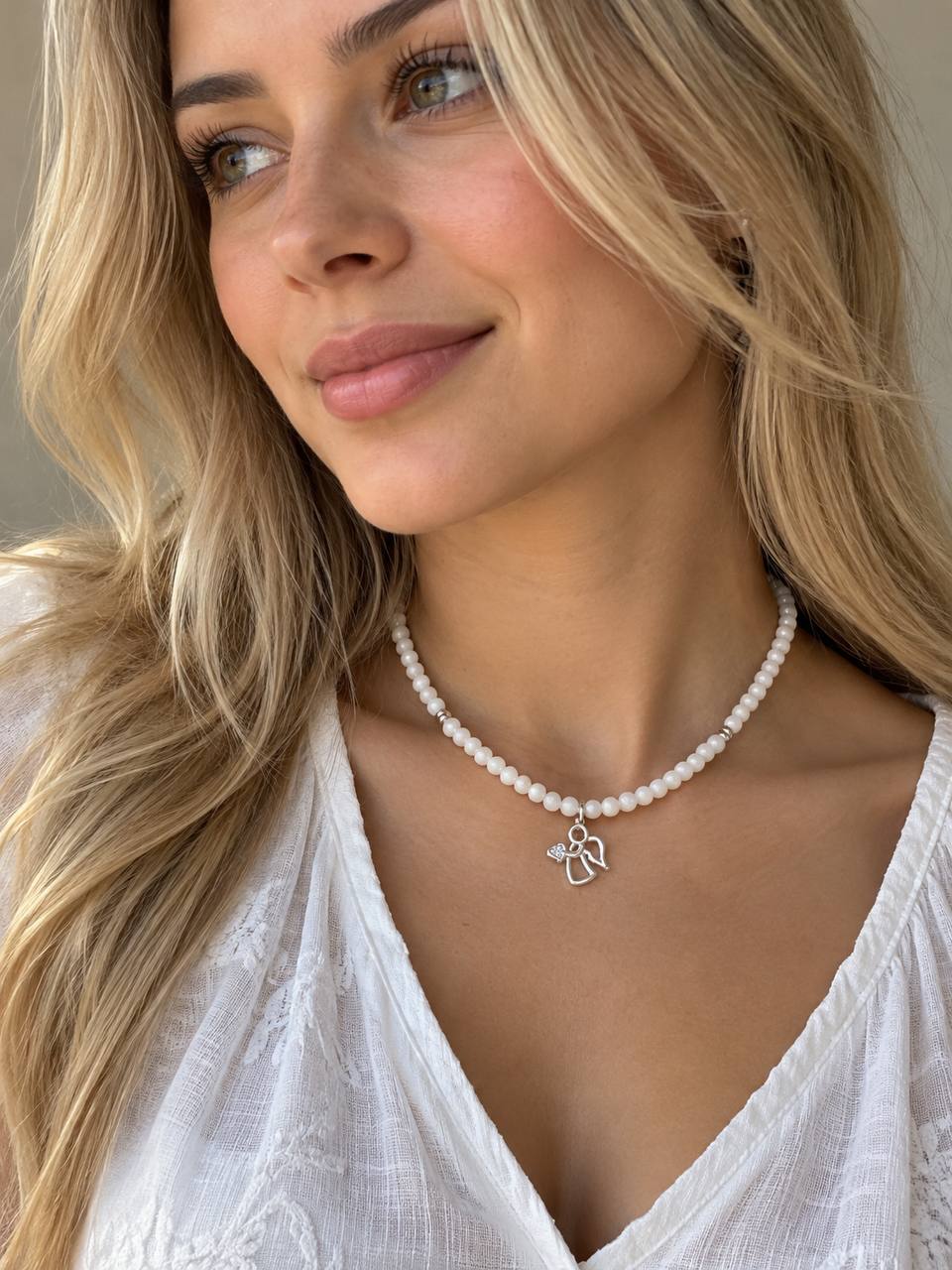 White Beaded Angel Necklace – Delicate Guardian Angel Jewelry