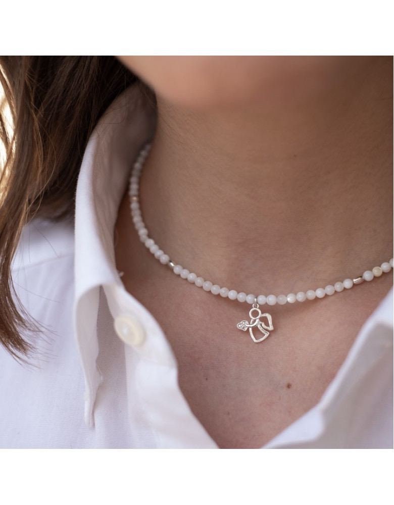 White Beaded Angel Necklace, Silver Angel Charm Necklace, Dainty White Choker, Guardian Angel Jewelry, Gift for Her, Minimalist Necklace