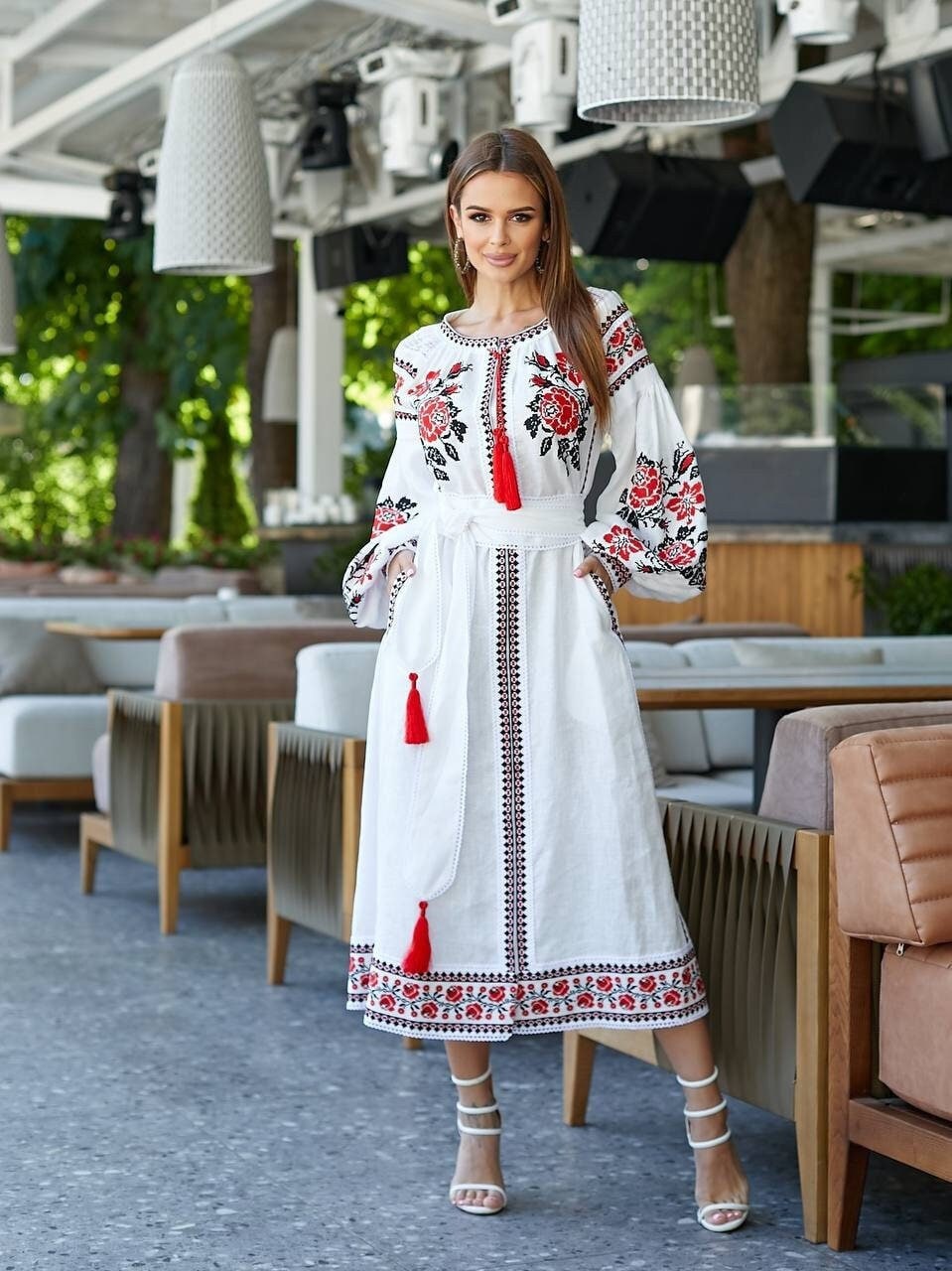 White Linen Wedding Dress with Red Ukrainian Embroidery