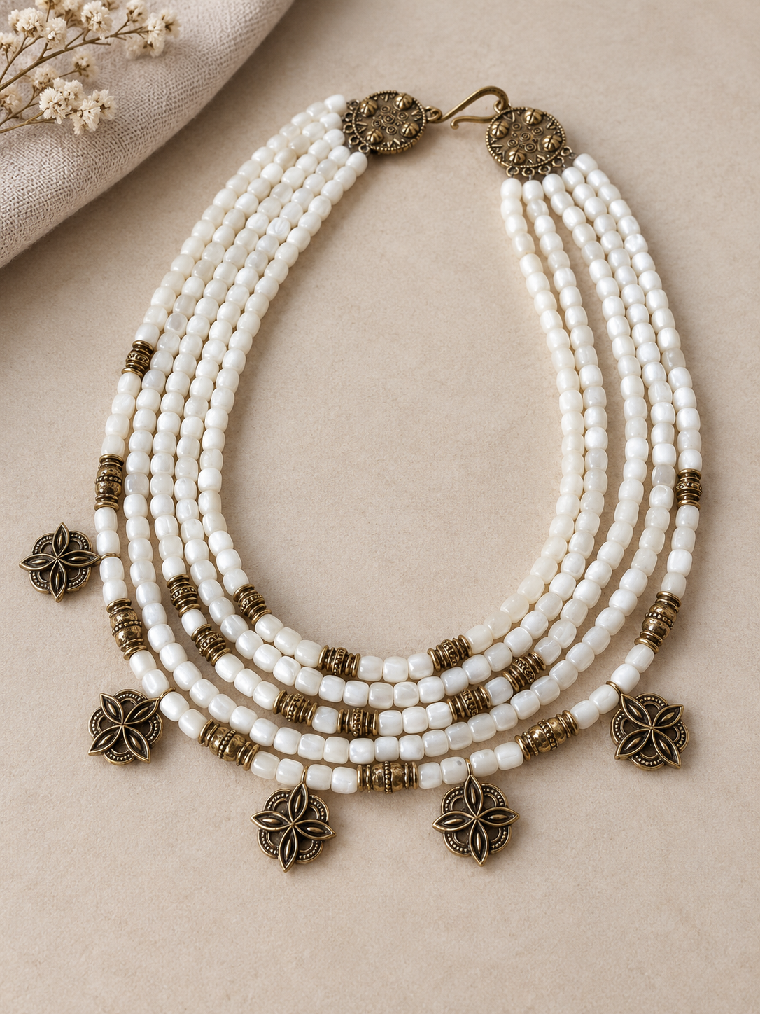 White Mother of Pearl Necklace, Ukrainian Ethnic Jewelry, Multi Strand Beaded Necklace,