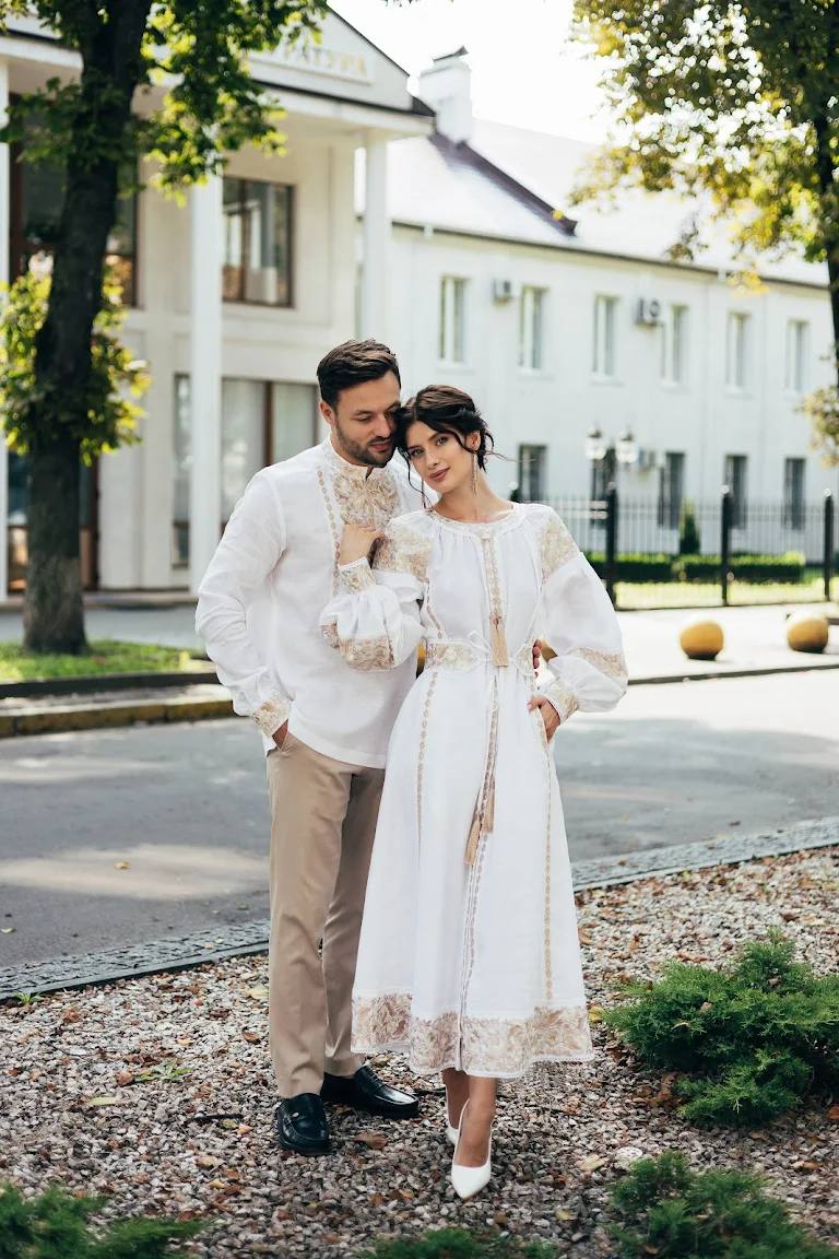 White Wedding Linen Dress with Exquisite with gold embroidery Ukrainian Vyshyvanka Traditional