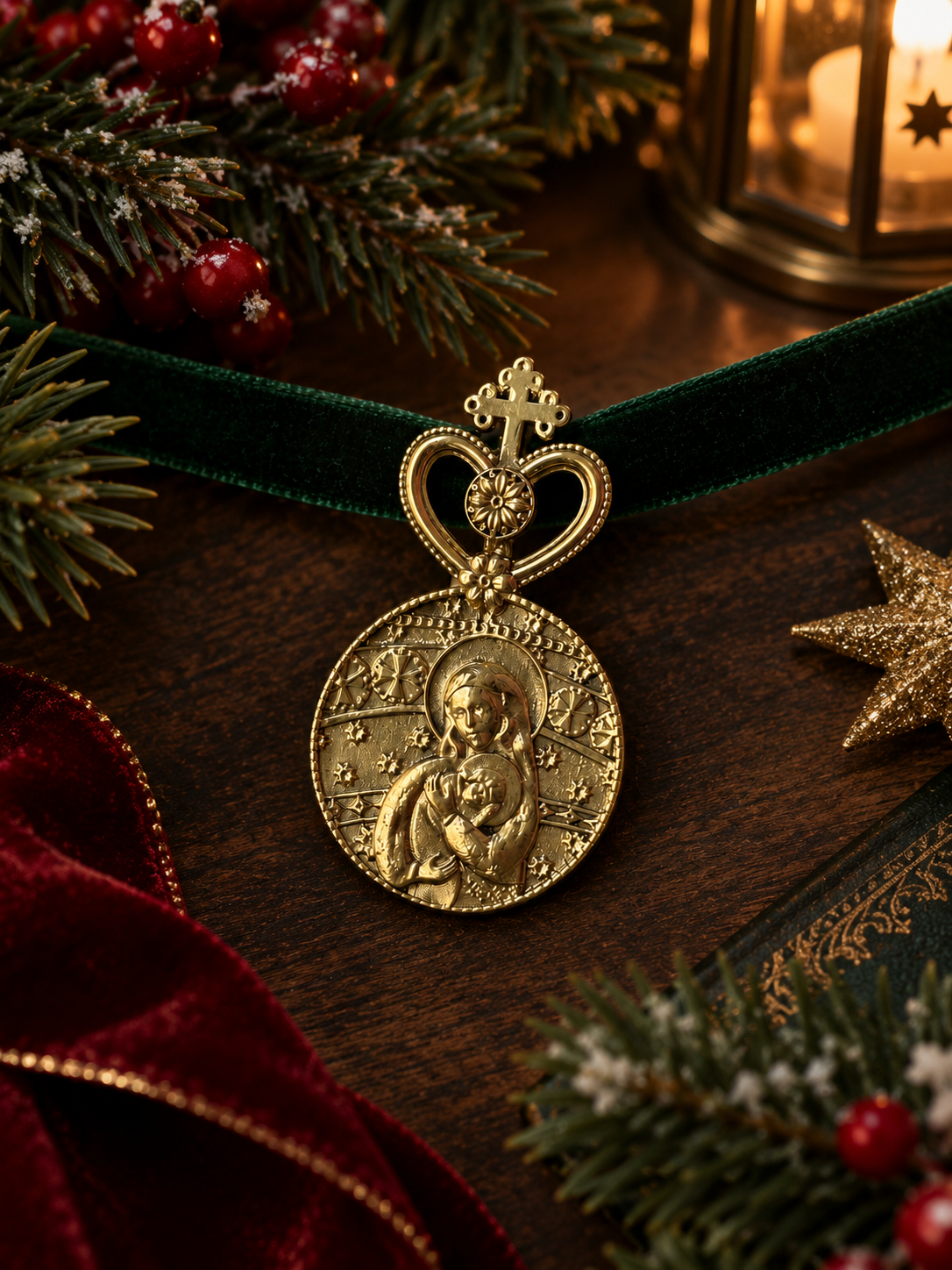 A gold-toned religious pendant with a cross and heart-shaped loop, featuring an embossed figure on a round medallion, displayed on a dark green velvet ribbon over a wooden surface with Christmas greenery, red berries, and a candle in the background.