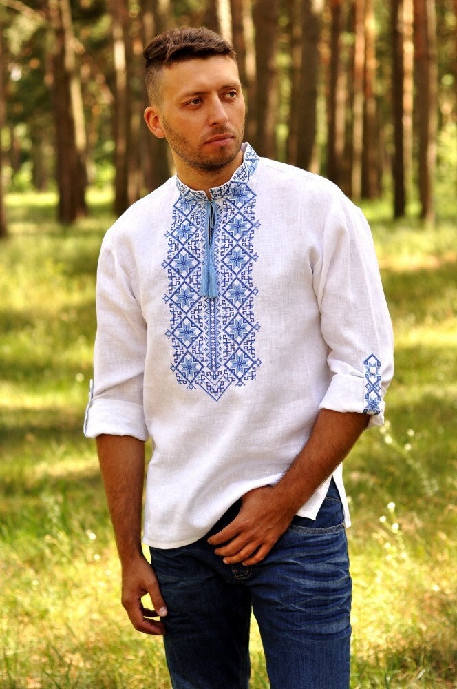 Embroidered Men's white linen vyshyvanka shirt with blue embroidery