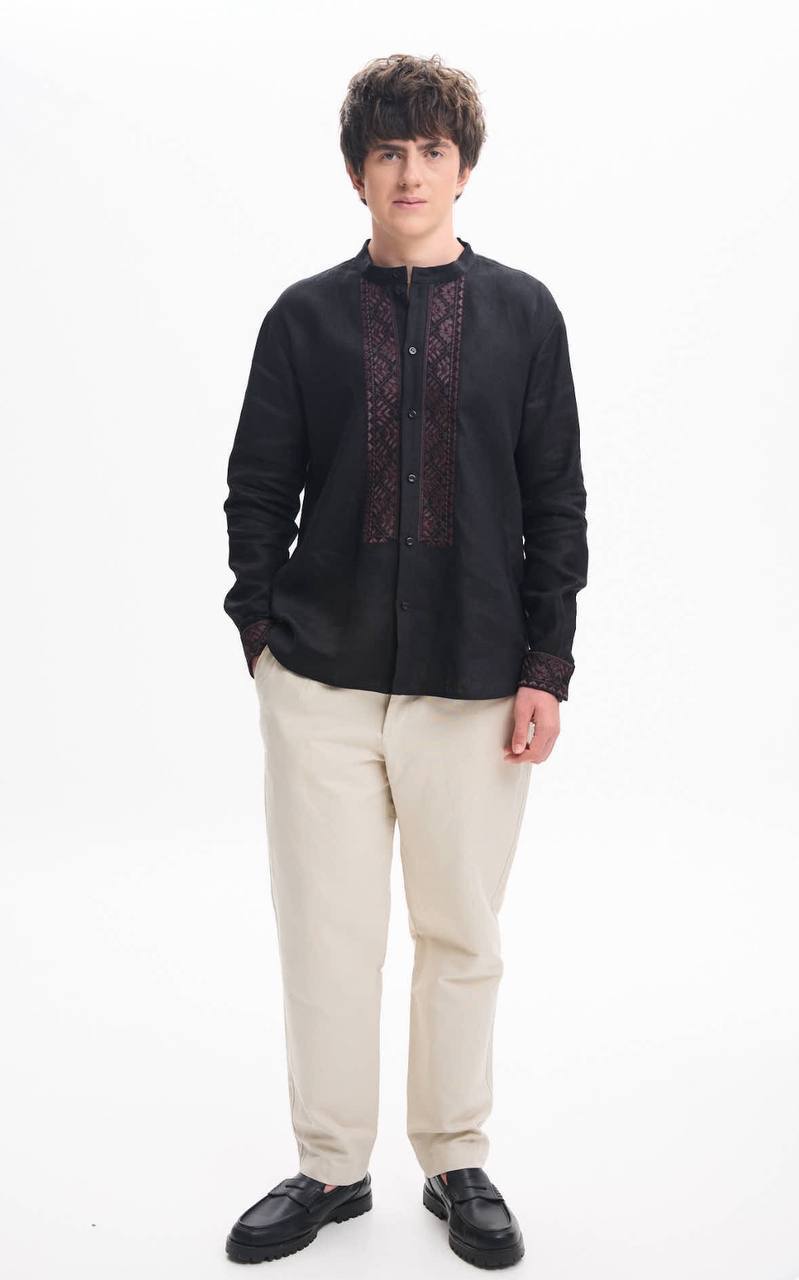 black long-sleeve shirt with dark red embroidered