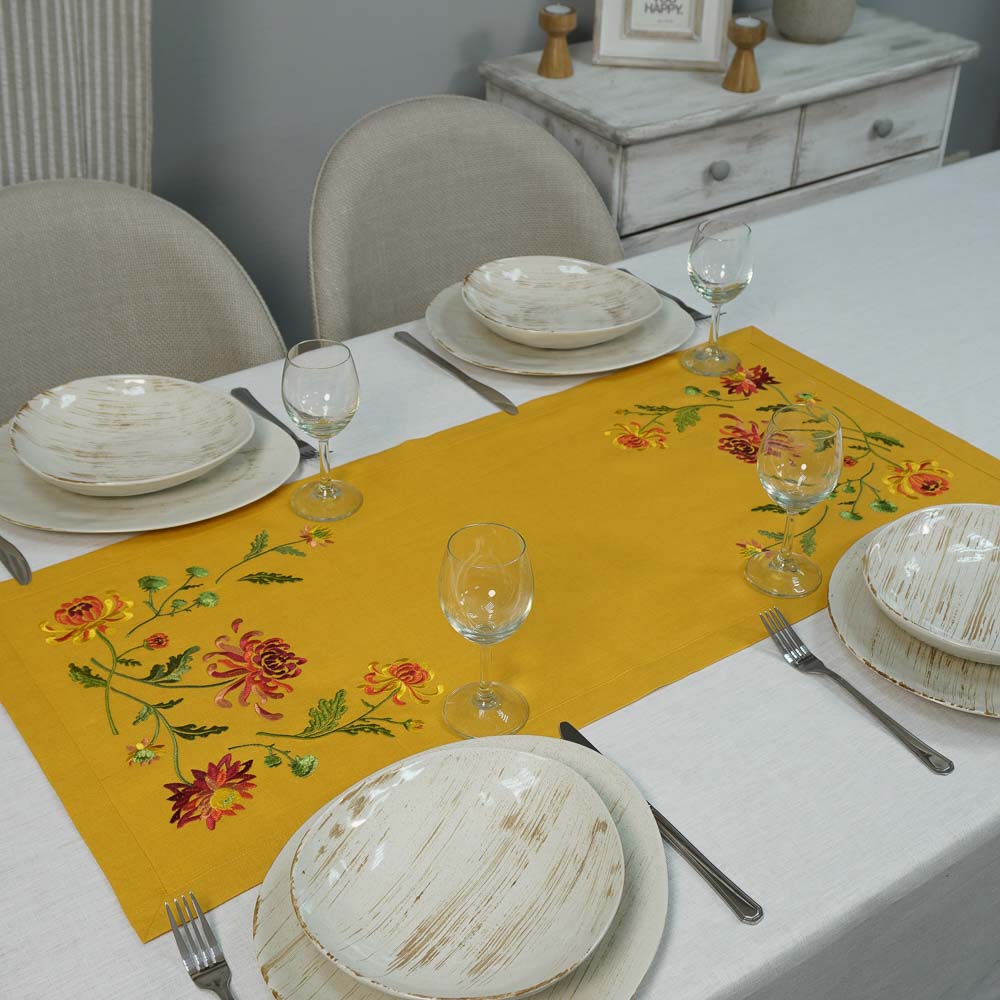 Tablecloth Embroidered 90х40 СМ Chrysanthemums (mustard linen) Christmas Gift Tablecloth. Ukrainian Embroidered Tablecloth.
