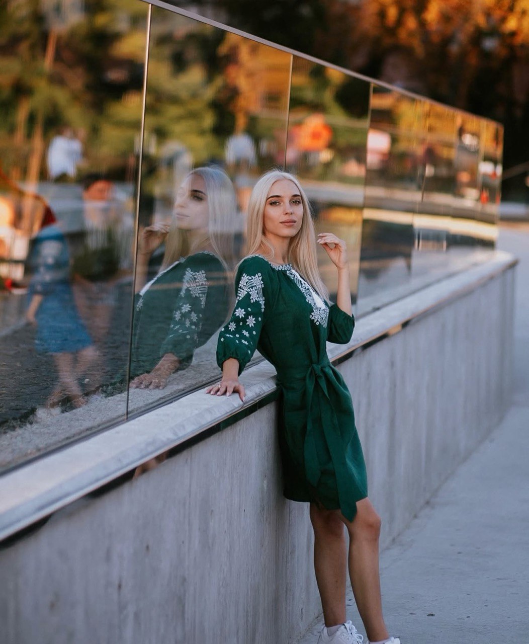  green linen dress with white embroidered 