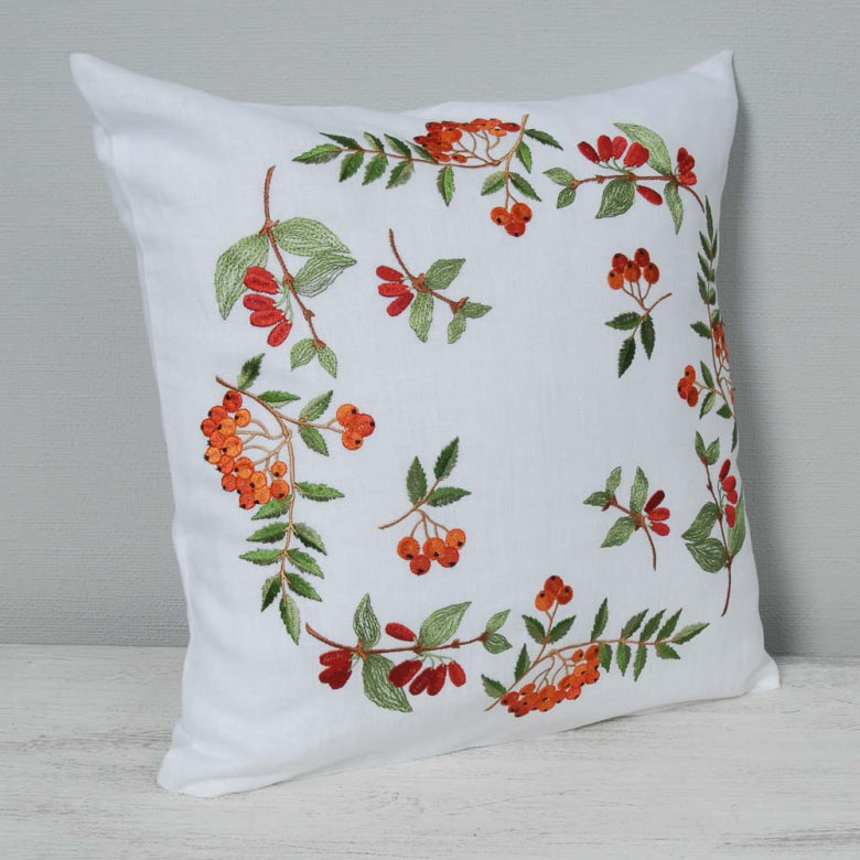 Embroidered Floral Linen Pillowcase 40x40 CM Organic Home Decor Embroidered rowan and cornel pillowcase for decorative cushions
