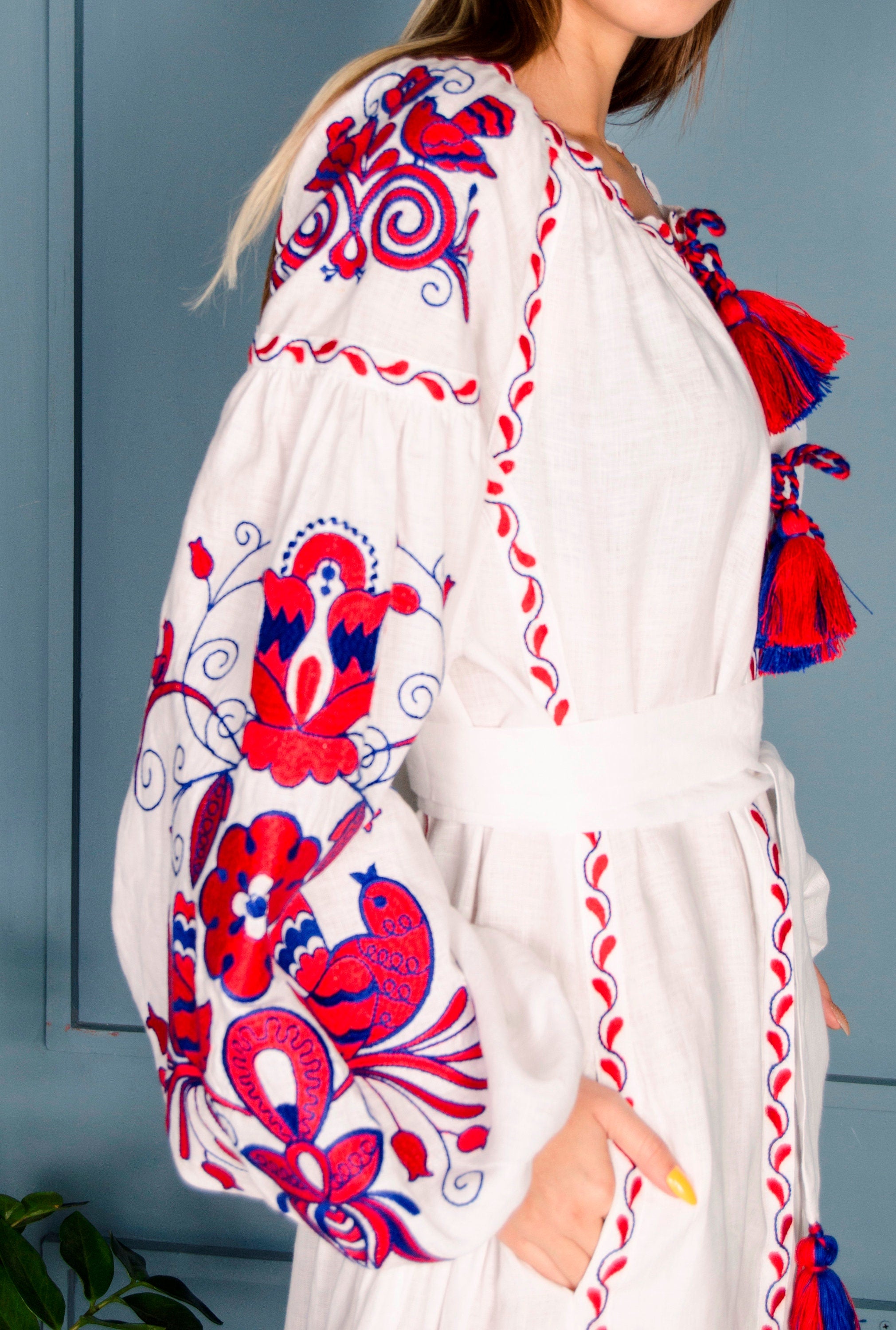 White Linen Ukrainian Vyshyvanka Dress - Women's Boho Embroidered Style