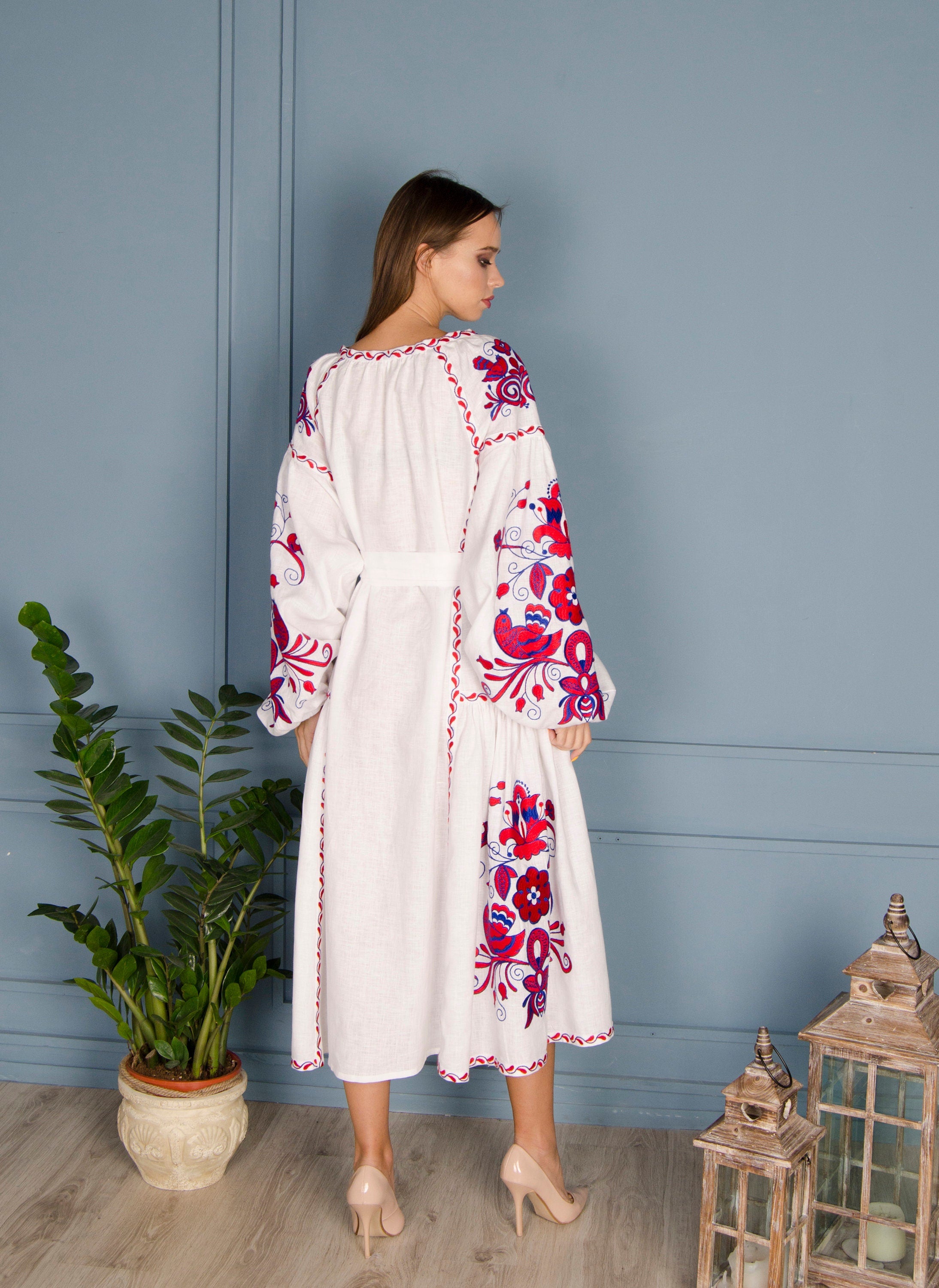 White Linen Ukrainian Vyshyvanka Dress - Women's Boho Embroidered Style