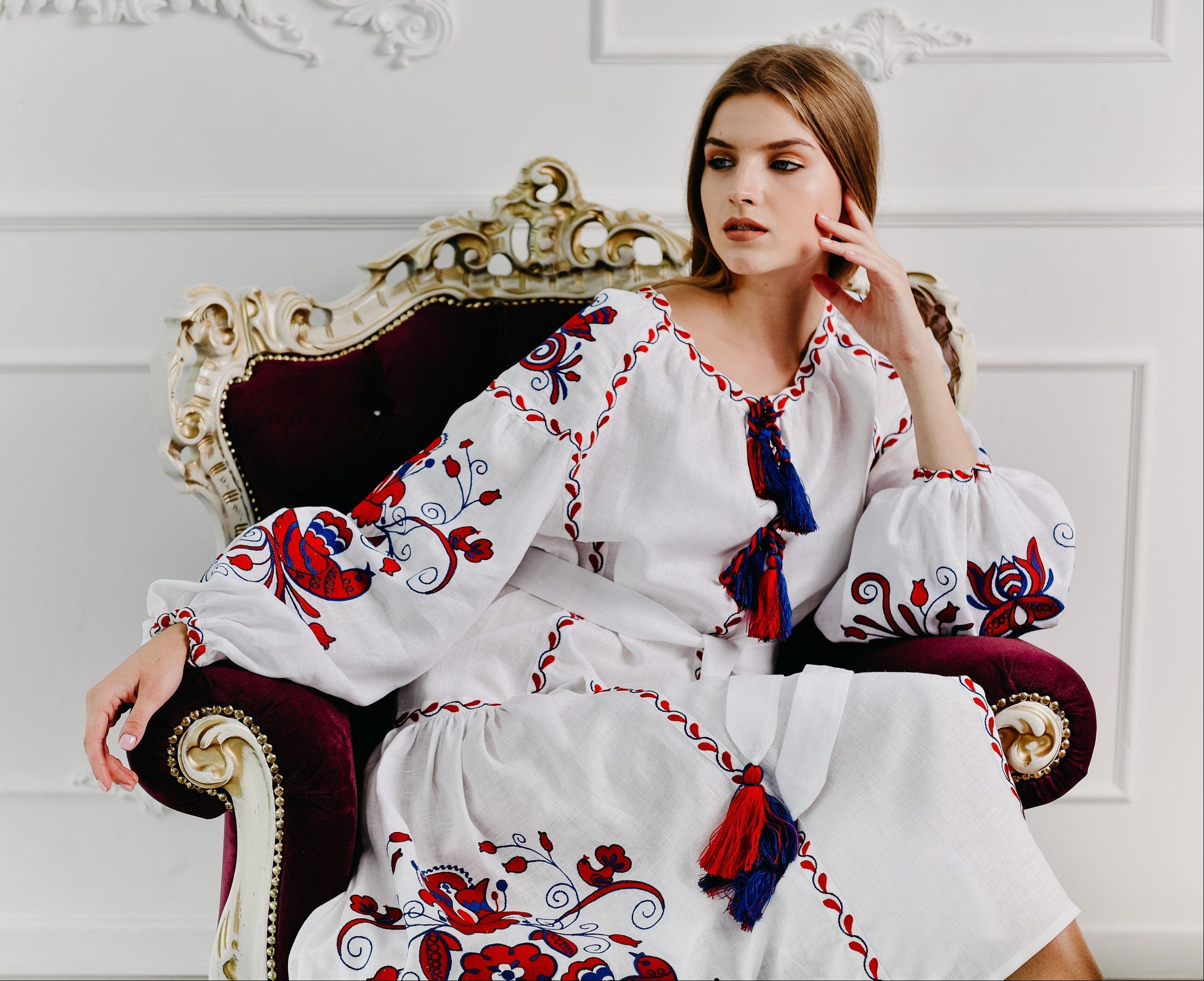 White Embroidered Linen Boho Wedding Dress - Ukrainian Vyshyvanka Folk Style