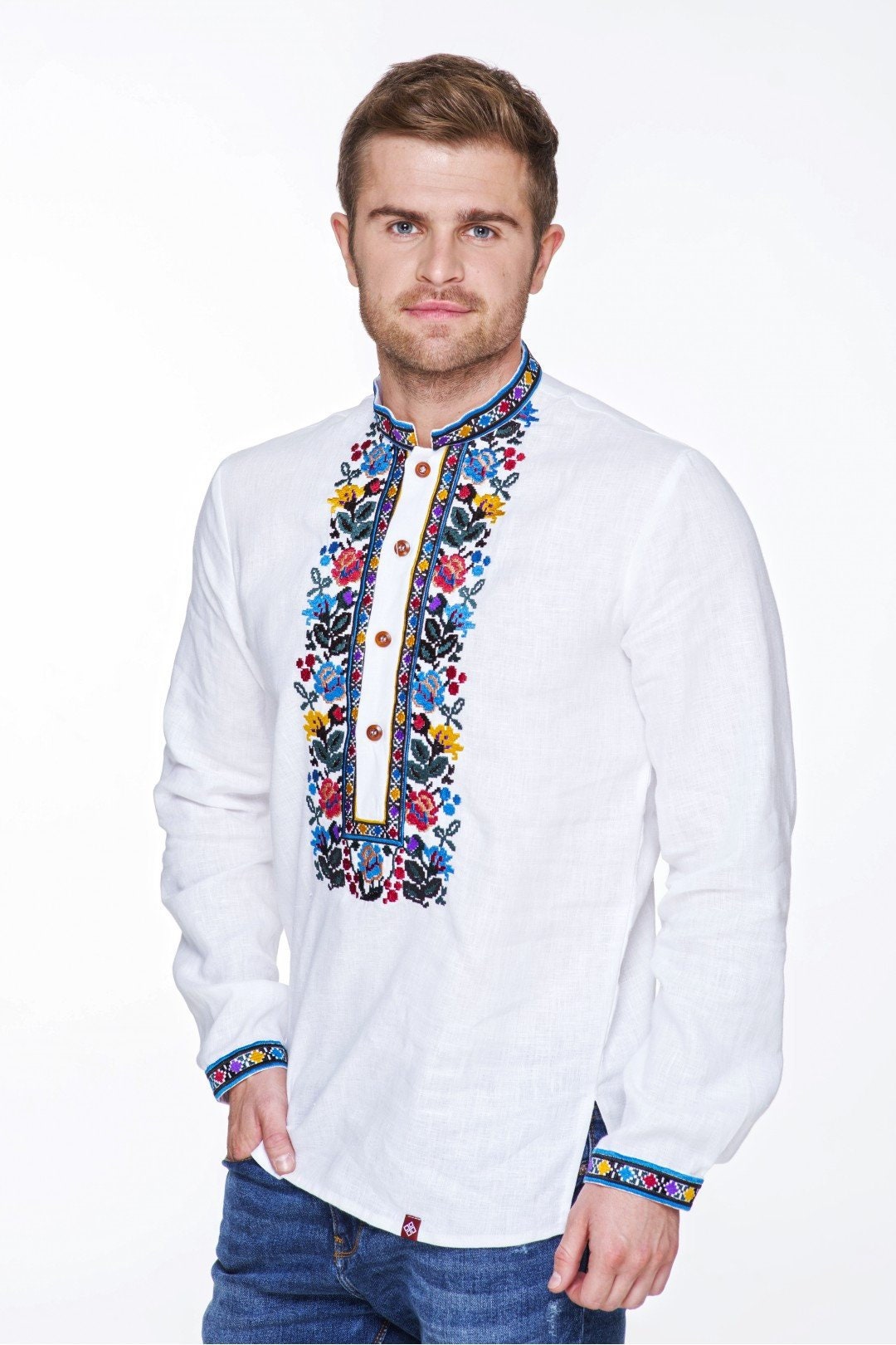 Men's White Linen Vyshyvanka Shirt - Embroidered Ukrainian Traditional Shirt