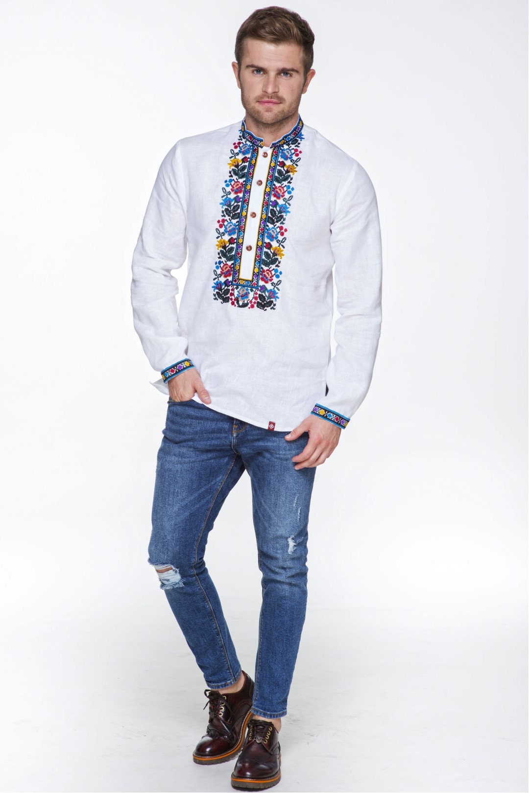 Men's White Linen Vyshyvanka Shirt - Embroidered Ukrainian Traditional Shirt