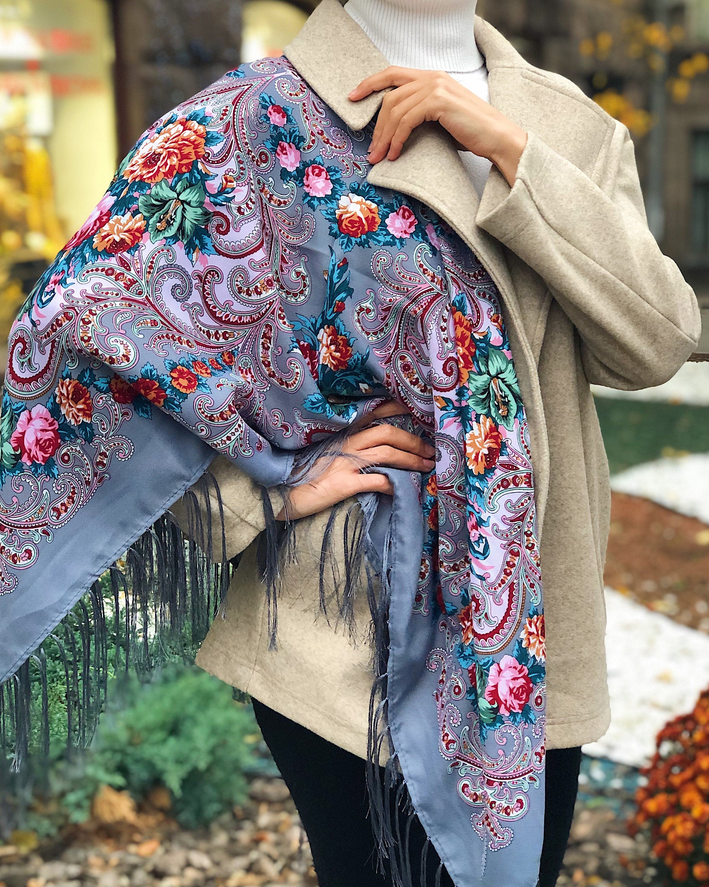 Gray Wool 80% Embroidered Shawl - Traditional Ukrainian Bohemian Scarf for Mom or Daughter