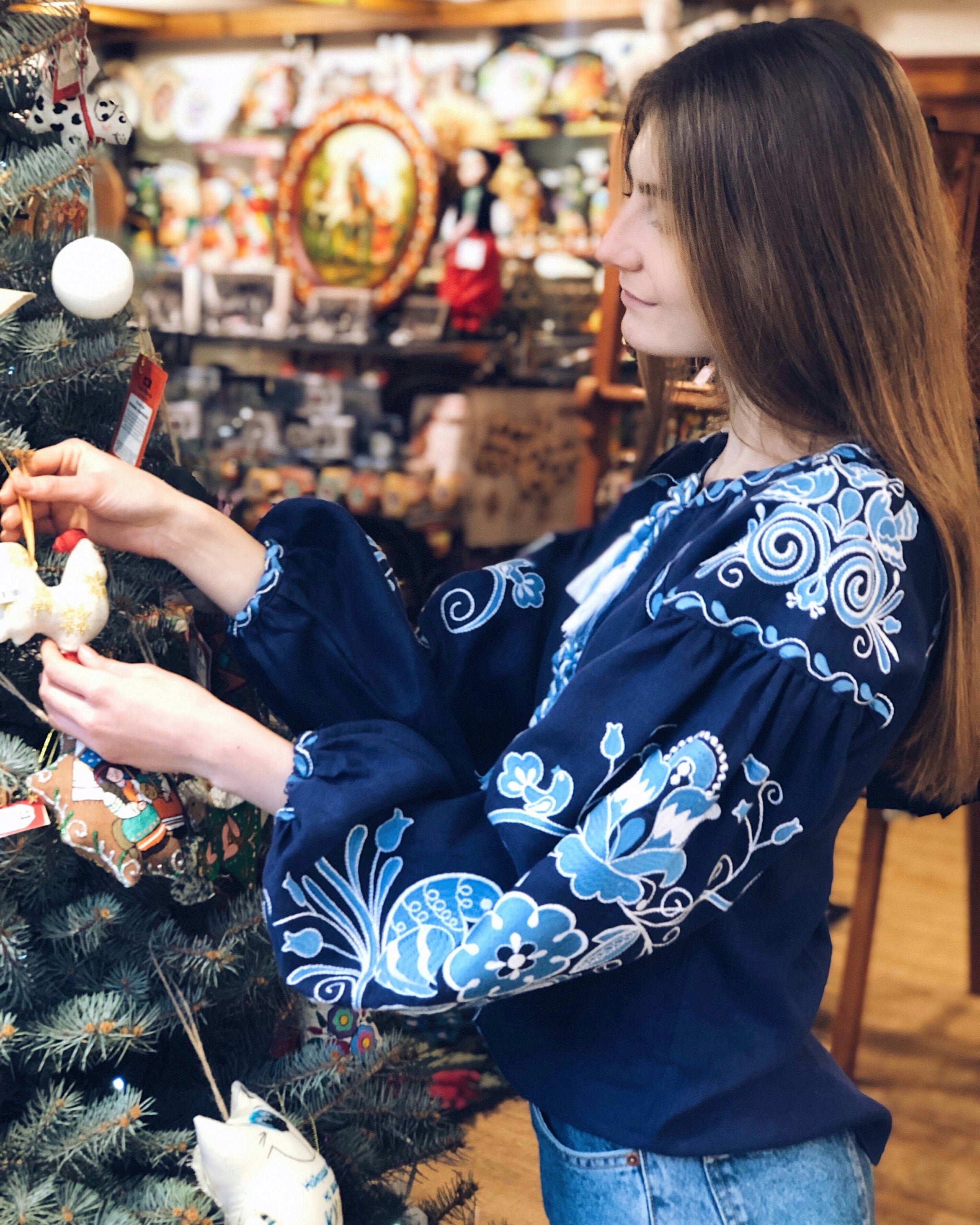 Blue Ukrainian Vyshyvanka Blouse - Bohemian Embroidered Shirt
