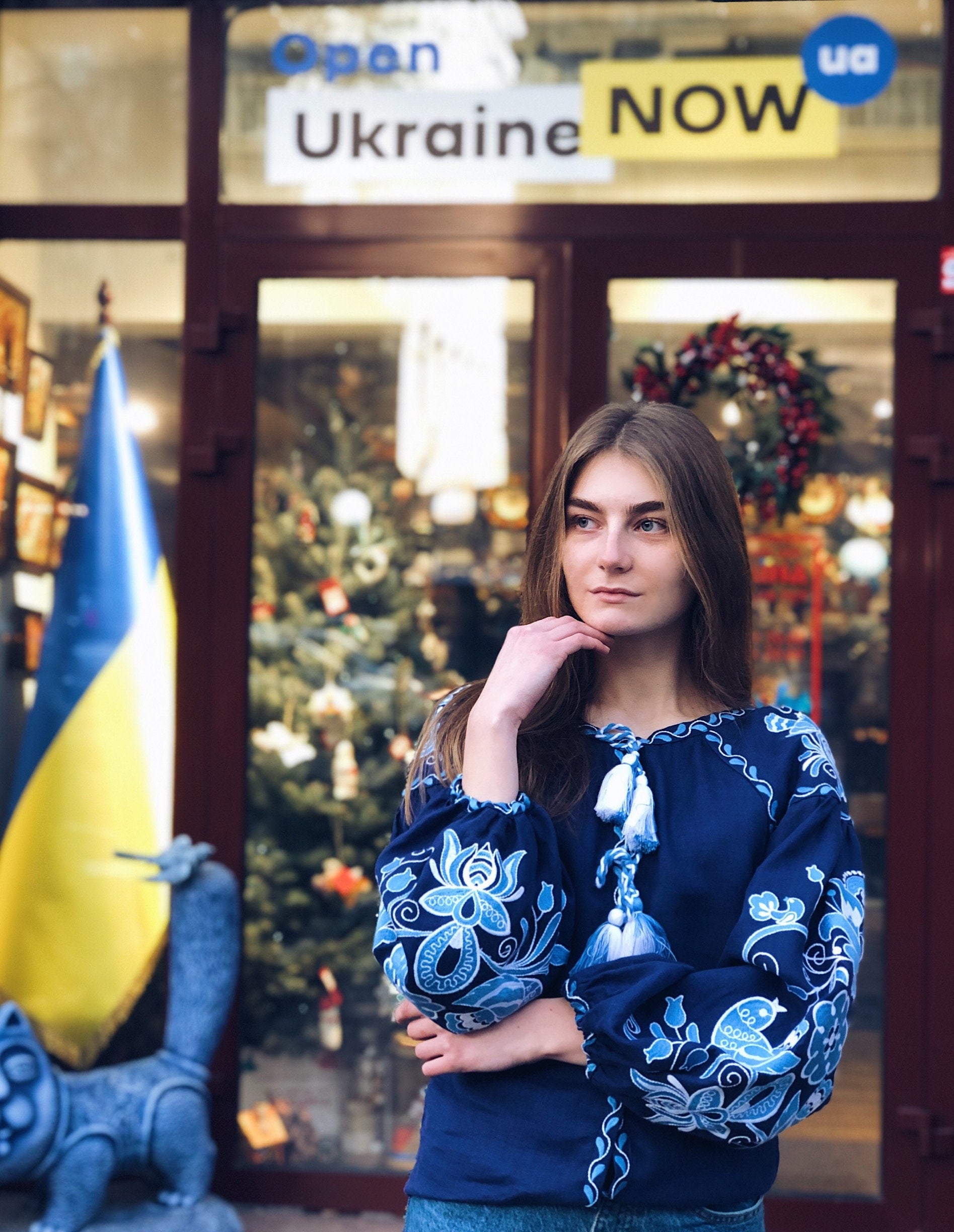 Blue Ukrainian Vyshyvanka Blouse - Bohemian Embroidered Shirt
