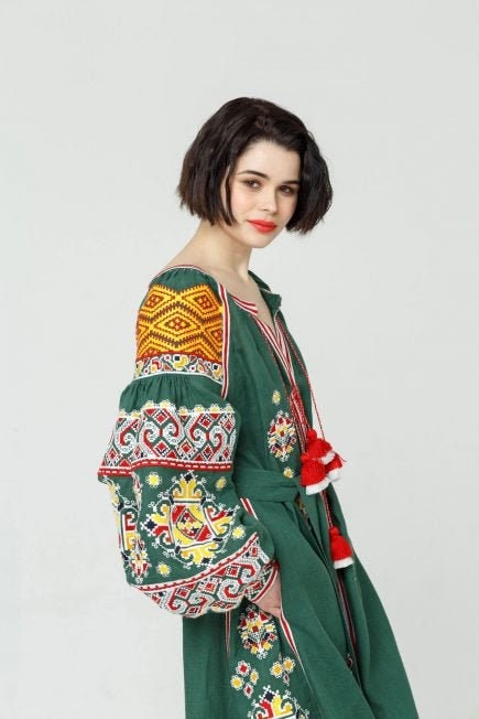 Ukrainian Embroidered Green Linen Boho Vyshyvanka Dress