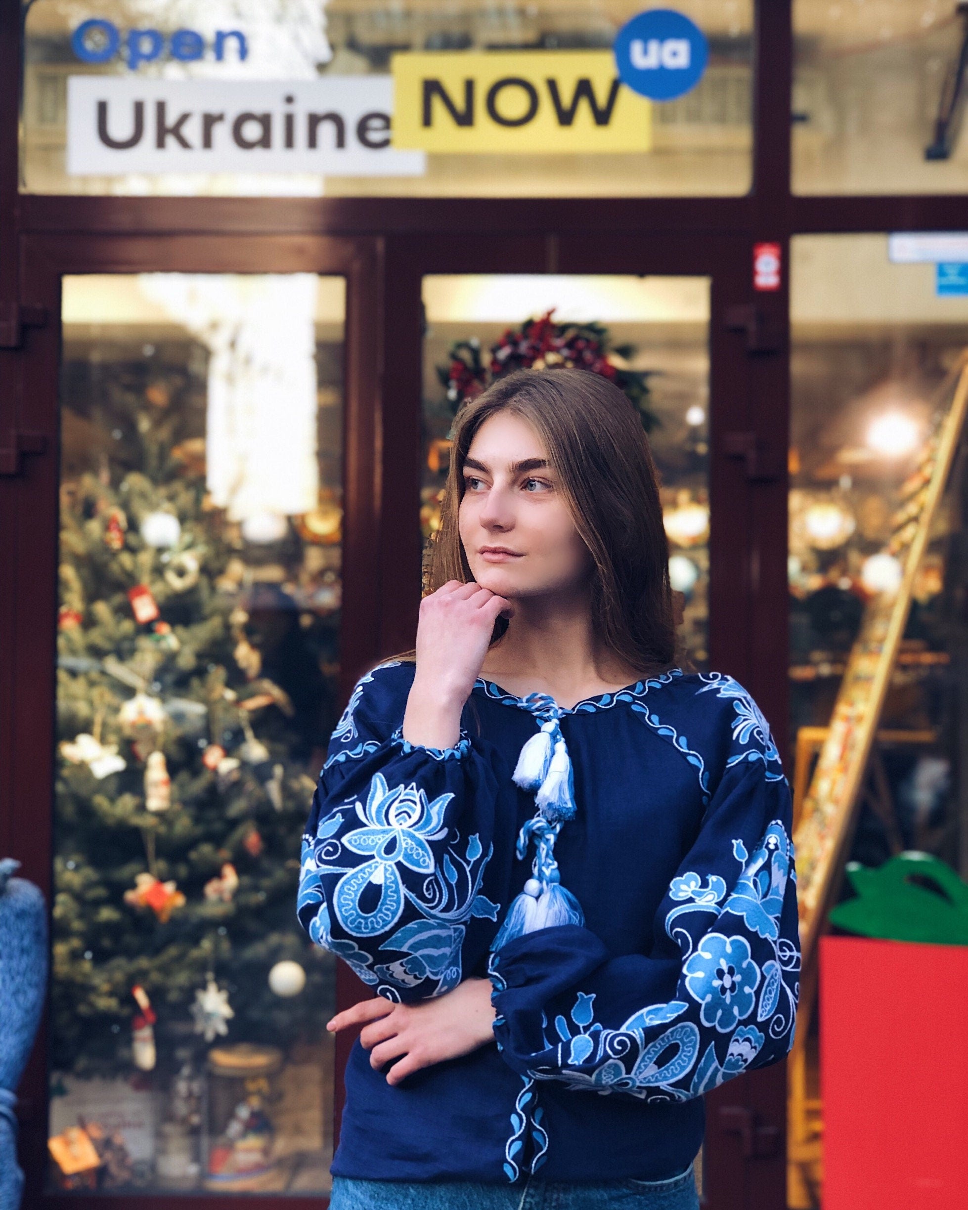 Blue Ukrainian Vyshyvanka Blouse - Bohemian Embroidered Shirt