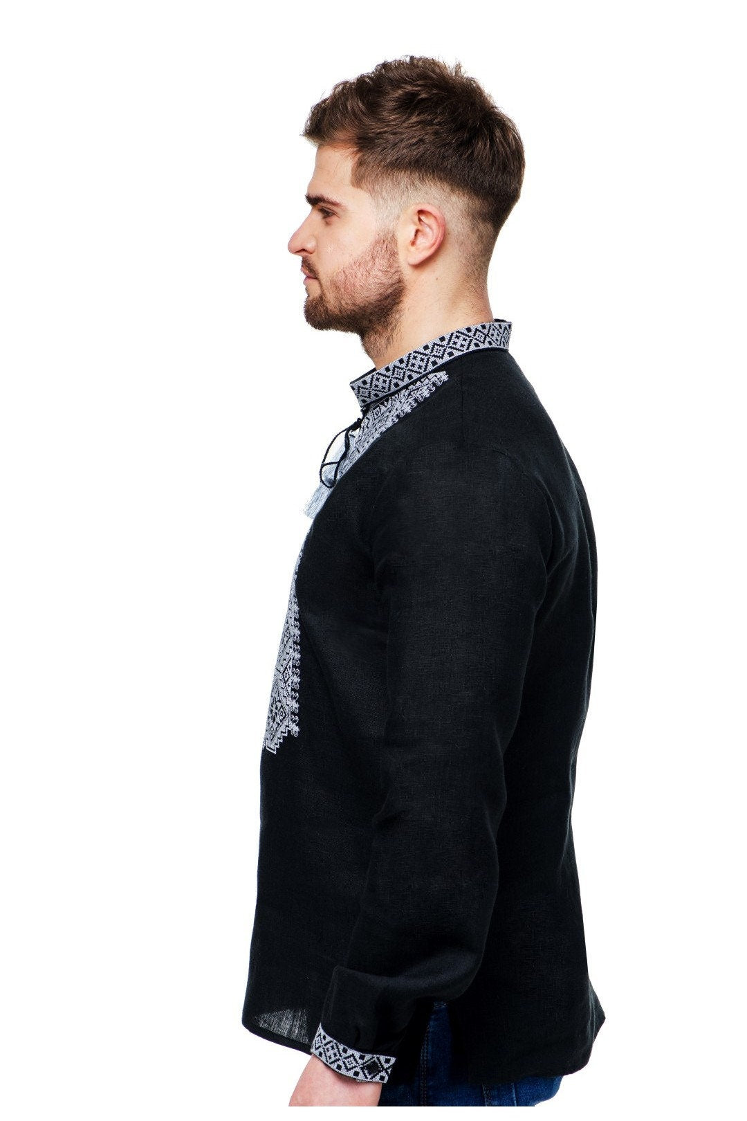 Black Vyshyvanka Linen Embroidered Shirt for Men