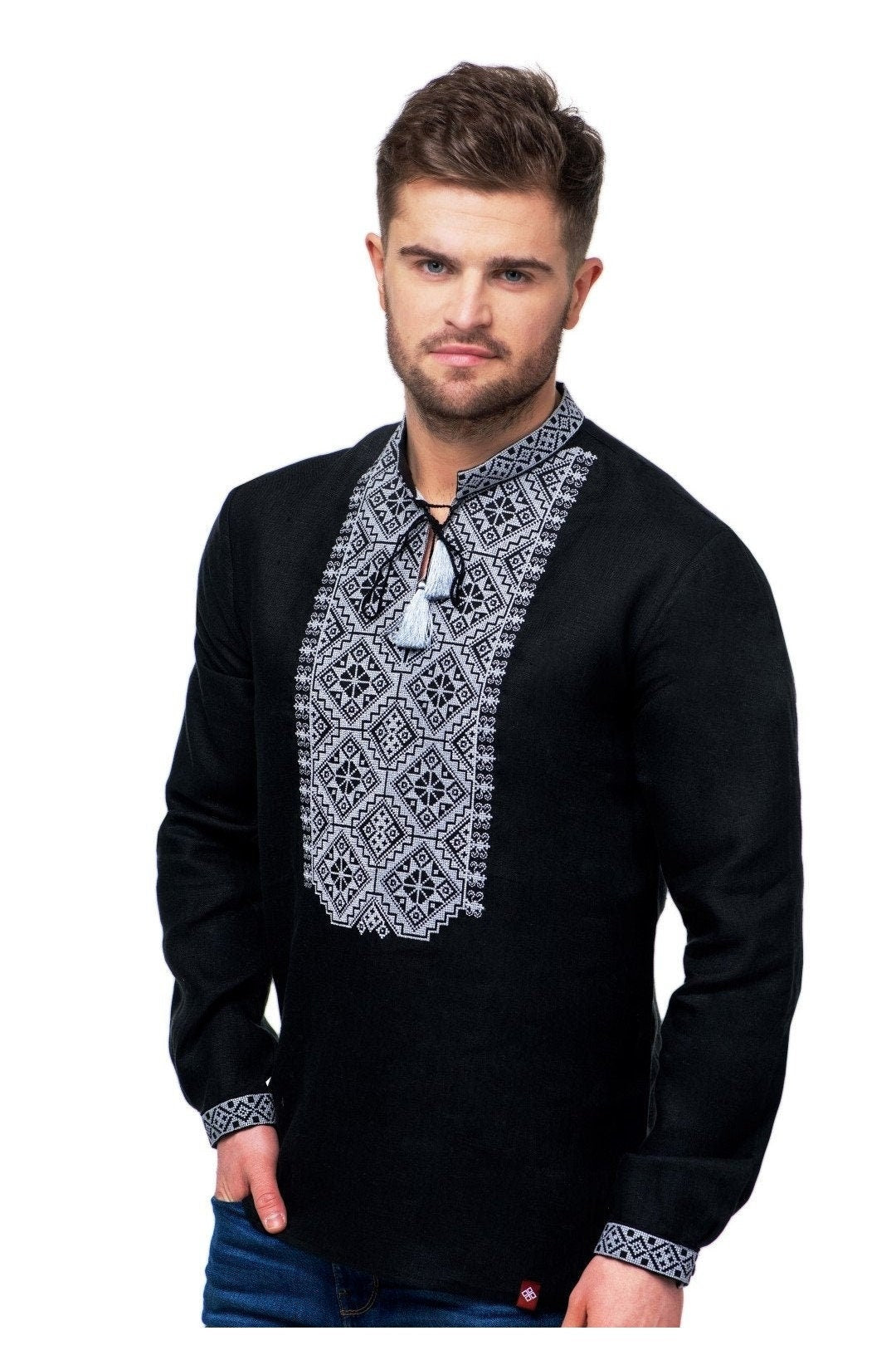 Men's Black Vyshyvanka Embroidered Linen Shirt - Traditional Ukrainian Design