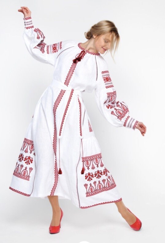 2025New! Linen Embroidered Dress with Embroidery Ukrainian Vyshyvanka Dress Mexican Dress Kaftan Abaya, Caftan Boho style Vita Kin Christmas