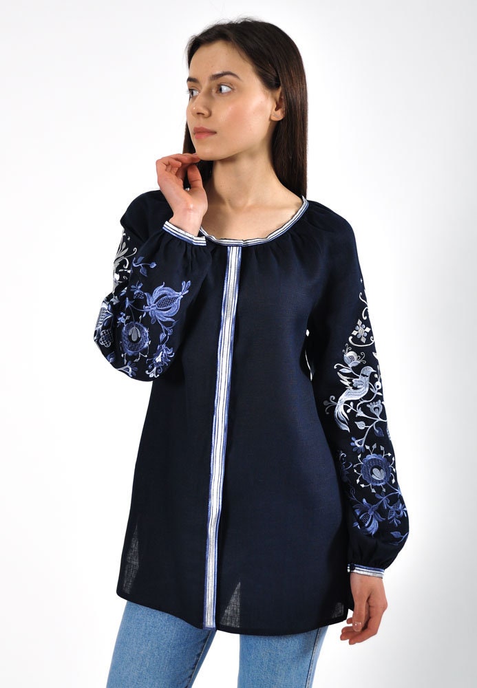Blue Linen Embroidered "Tree of Life" Ukrainian Vyshyvanka Tunic Blouse