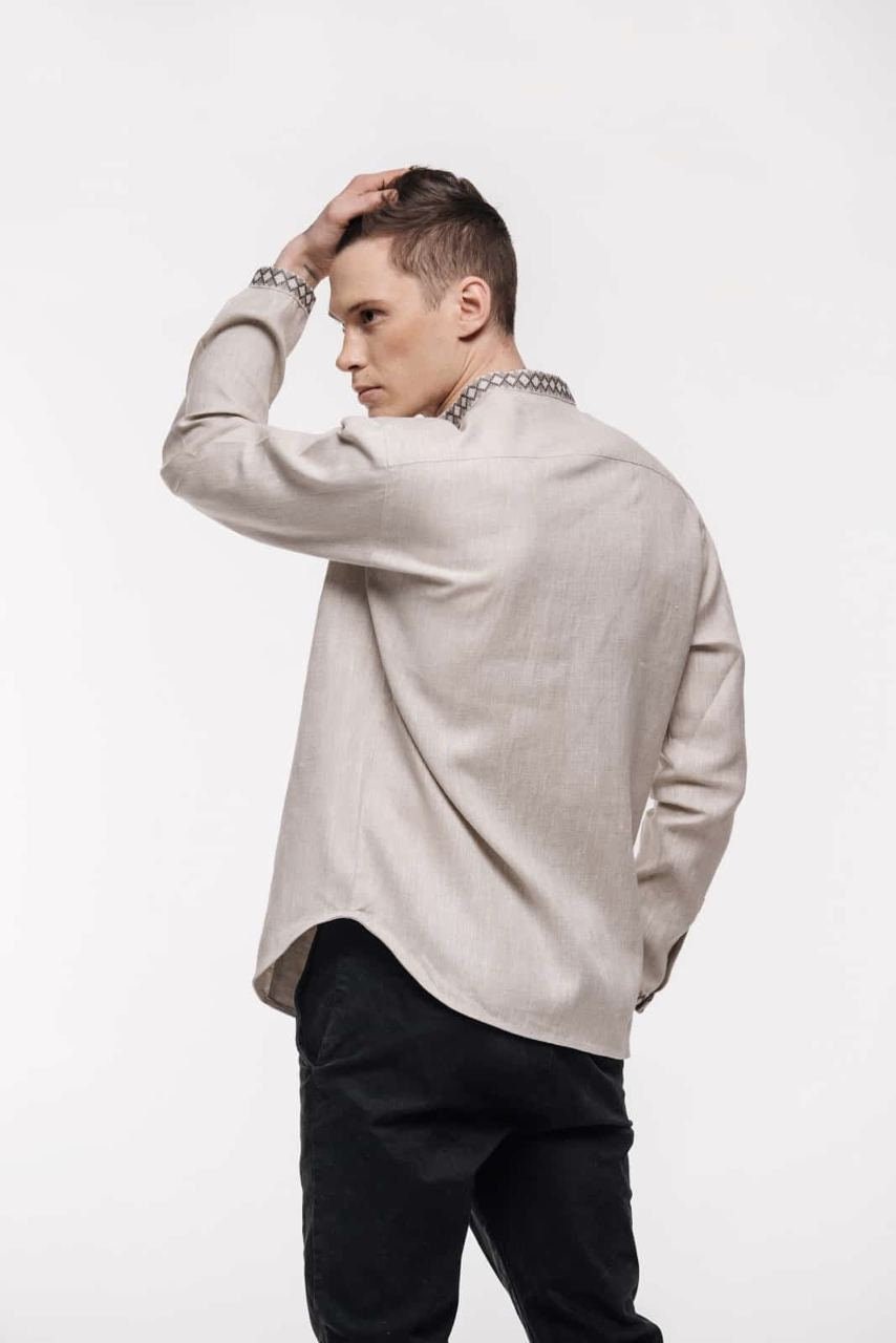 Beige Linen Embroidered Vyshyvanka Shirt for Men