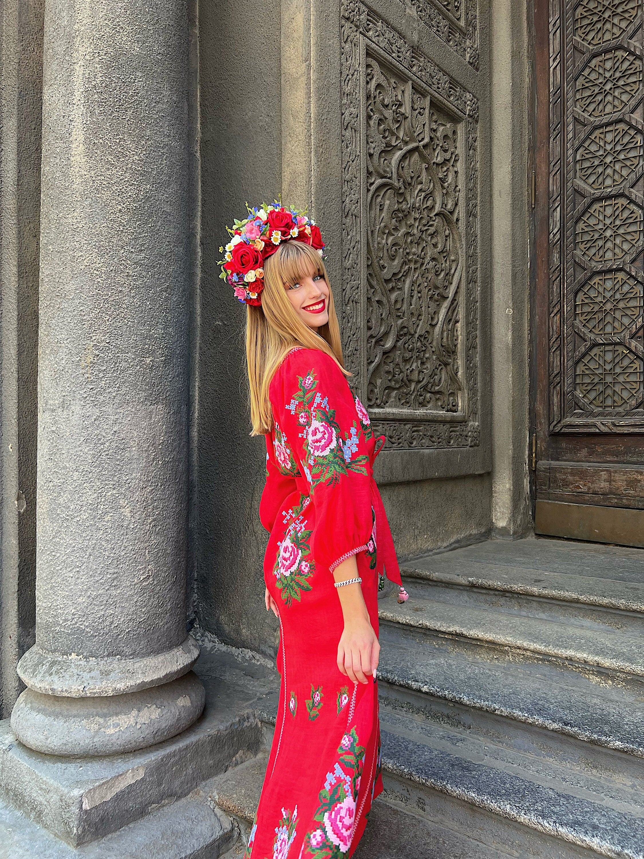 Red Linen Ukrainian Embroidered Boho Dress for Women