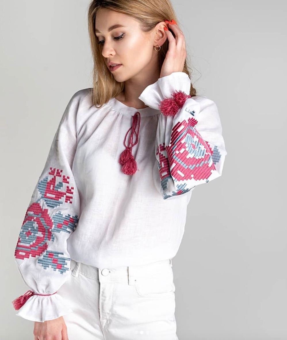 White Ukrainian Vyshyvanka Blouse for Women - Red Embroidered Linen Long Sleeve Shirt