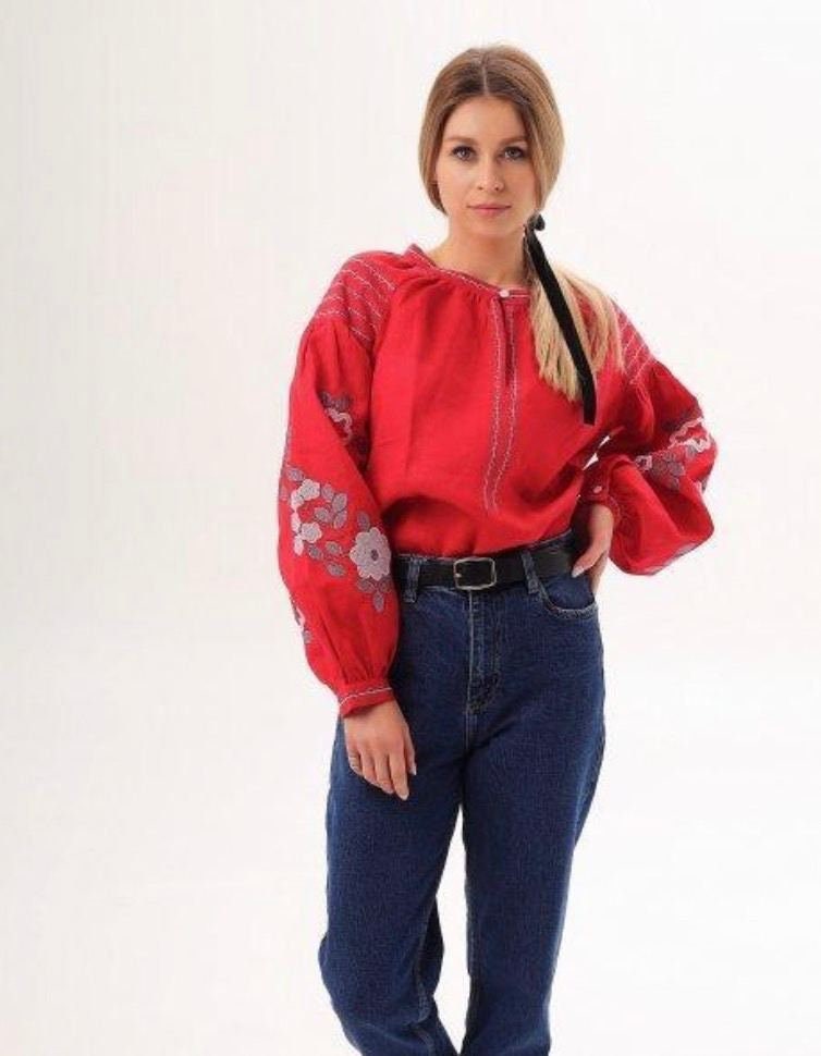 Red Ukrainian Linen Vyshyvanka Blouse with Floral Embroidery - Elegant Long Sleeve Women's Top
