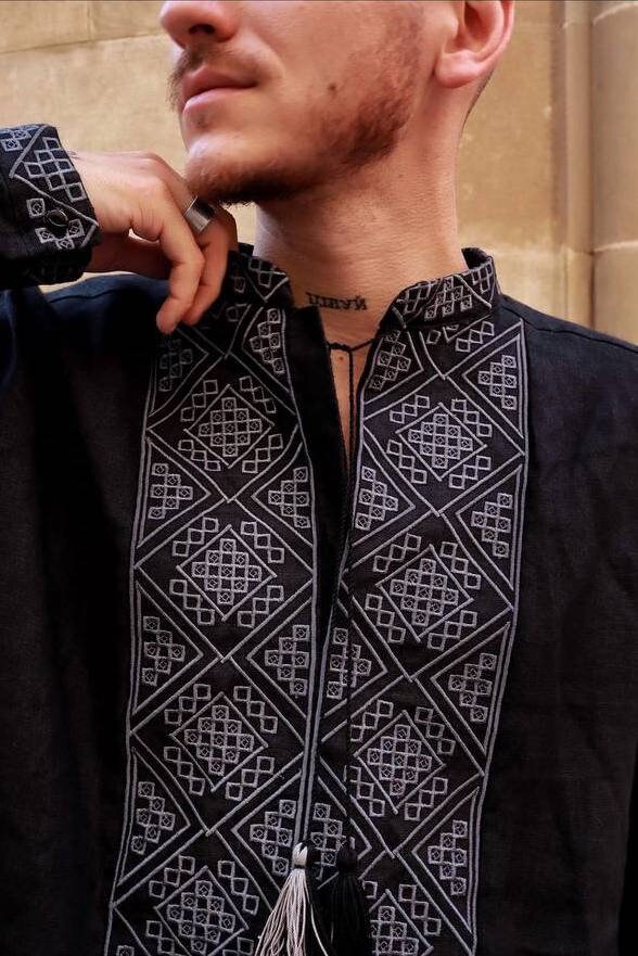 Men's Black Ukrainian Vyshyvanka - Linen Embroidered Shirt for Easter