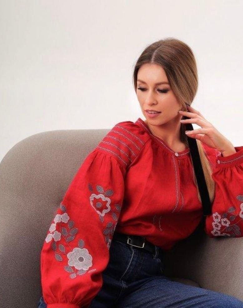 Red Ukrainian Linen Vyshyvanka Blouse with Floral Embroidery - Elegant Long Sleeve Women's Top