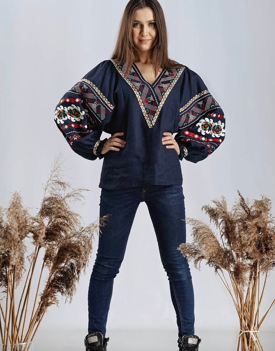 Blue Linen Vyshyvanka Blouse with Red-White Embroidery for Women