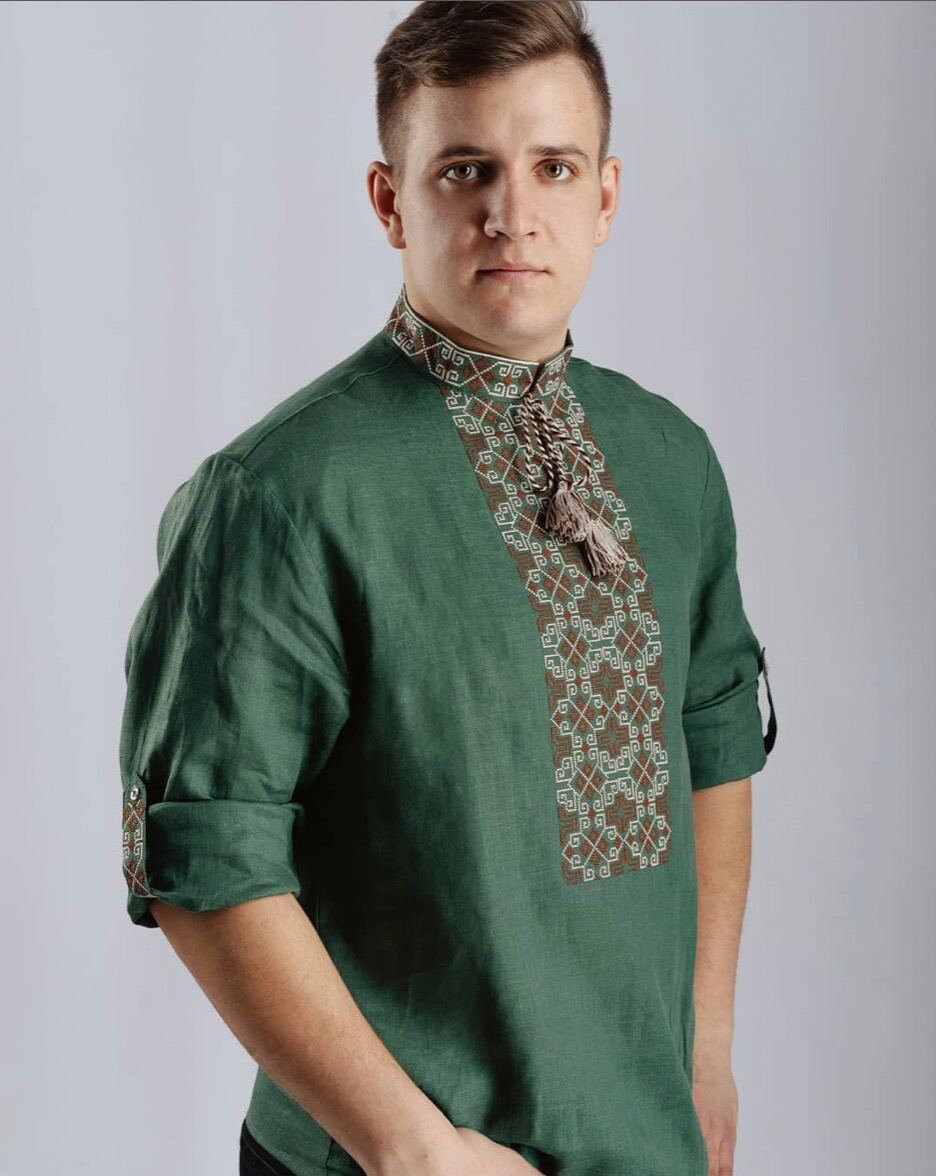2025 Green Linen Vyshyvanka Shirt for Men - Embroidered Ukrainian Traditional Shirt