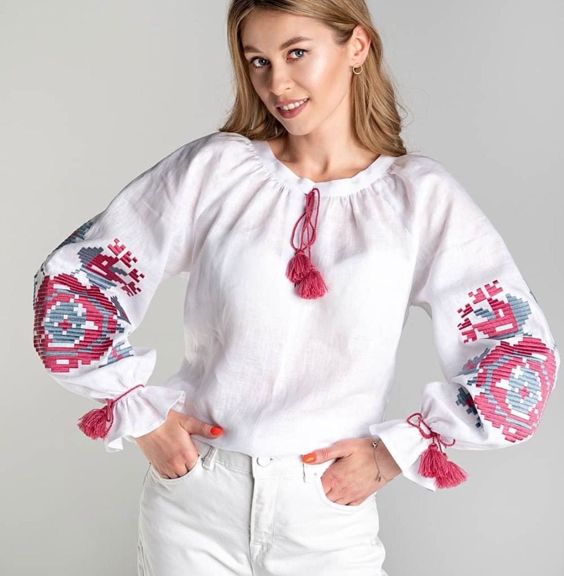 White Ukrainian Vyshyvanka Blouse for Women - Red Embroidered Linen Long Sleeve Shirt