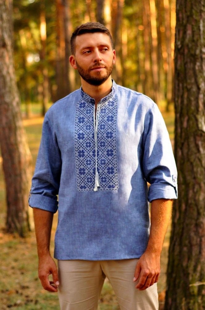 Blue Ukrainian Embroidered Linen Shirt for Men - Traditional Vyshyvanka