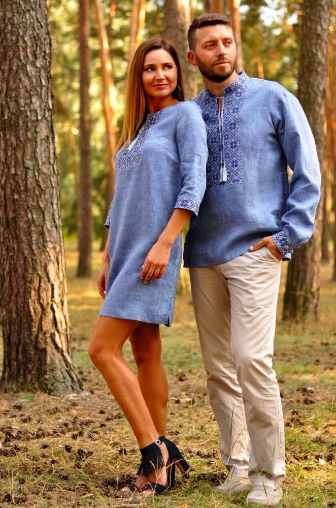 Blue Ukrainian Embroidered Linen Shirt for Men - Traditional Vyshyvanka