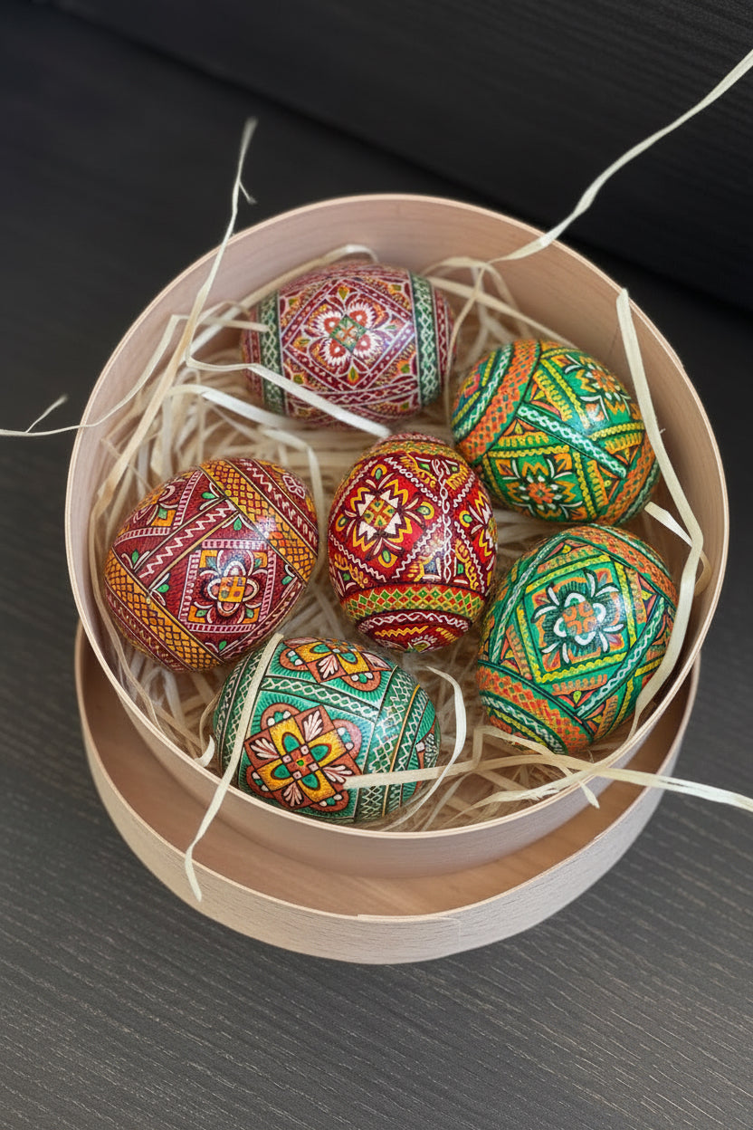 Set of 6 Hand-Painted Ukrainian Pysanky Wooden Eggs with Box - Traditional Easter Ornaments