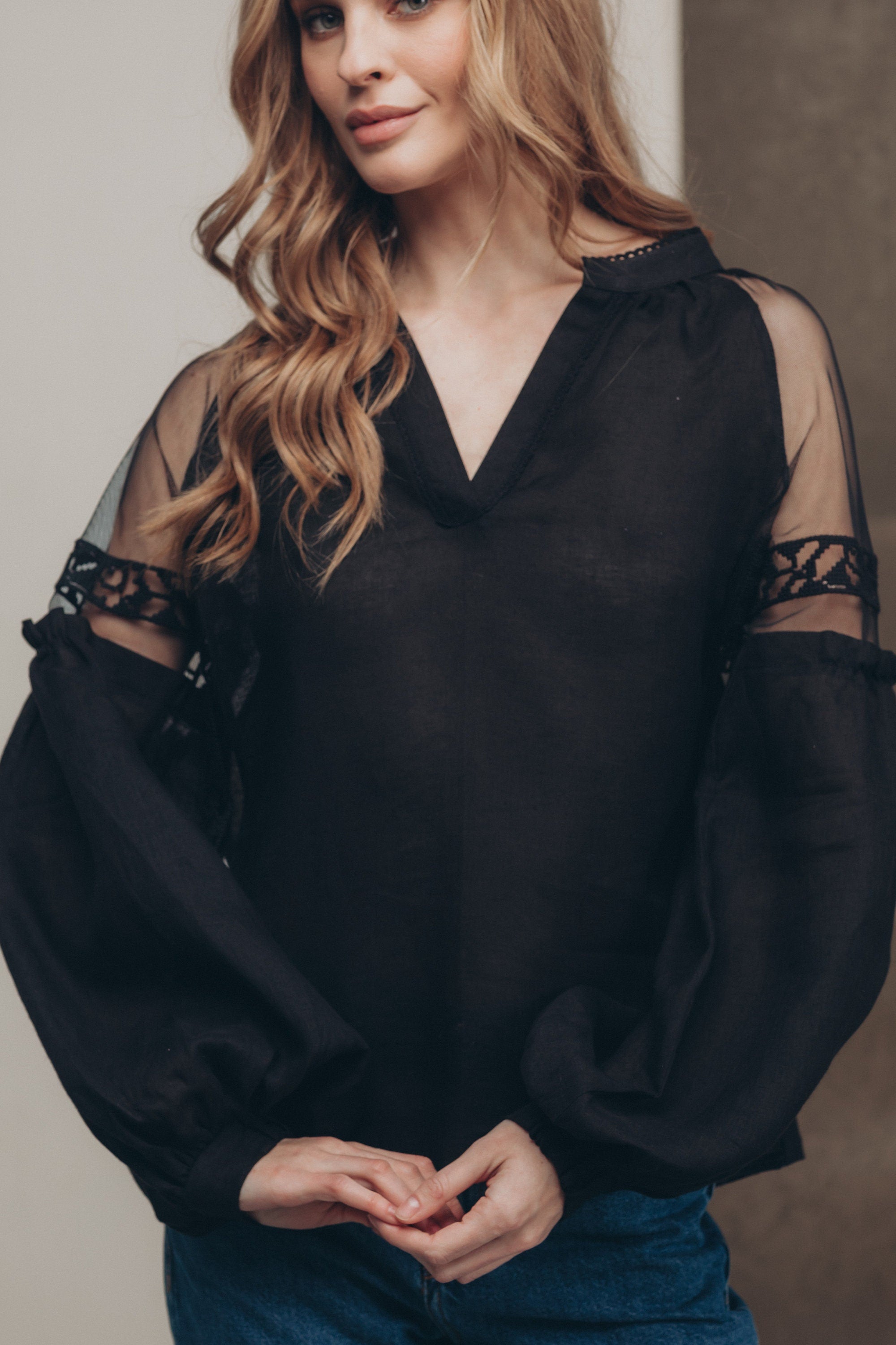 Black Ukrainian Embroidered Vyshyvanka Blouse - Bohemian Ethnic Shirt