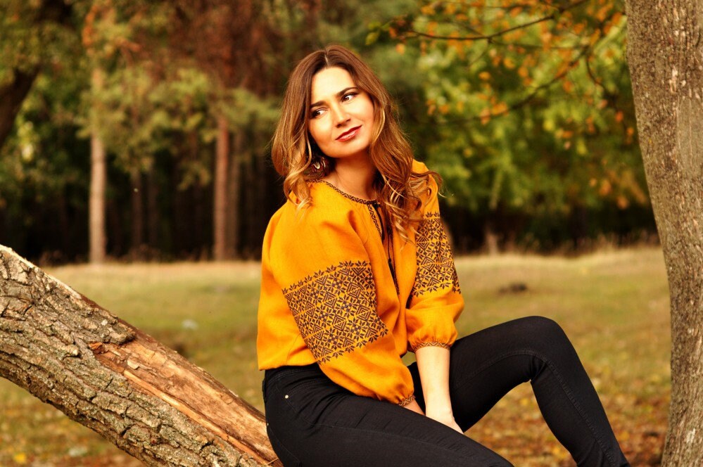 Yellow Embroidered Linen Blouse for Women - Elegant Long Sleeve Top