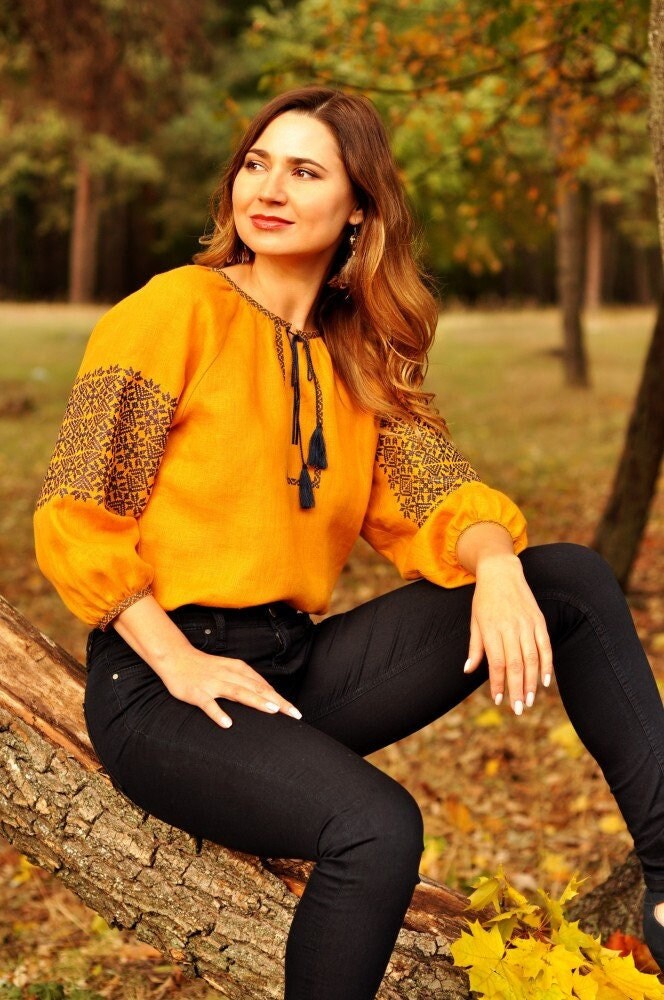 Yellow Embroidered Linen Blouse for Women - Elegant Long Sleeve Top