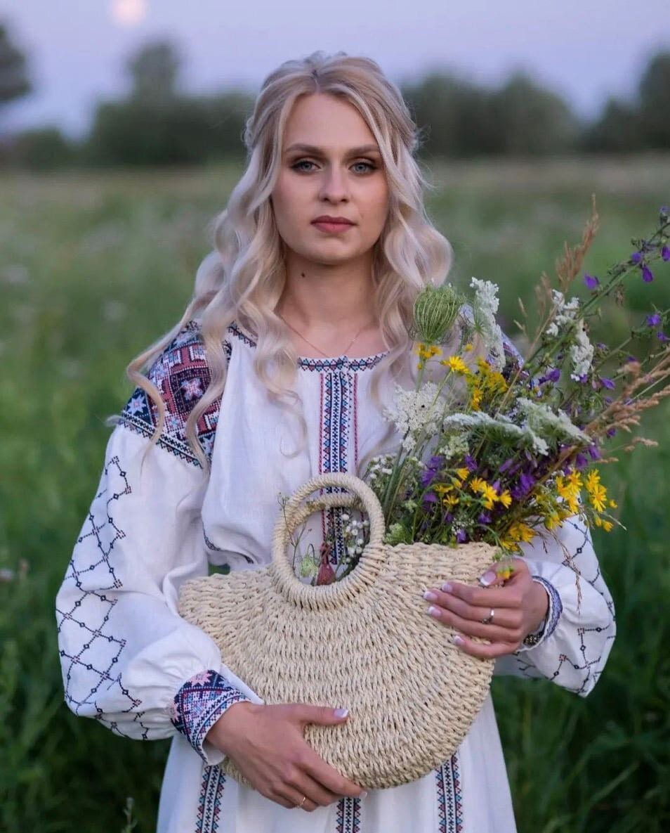 White Linen Blouse with Blue Embroidery - Ukrainian Vyshyvanka for Women