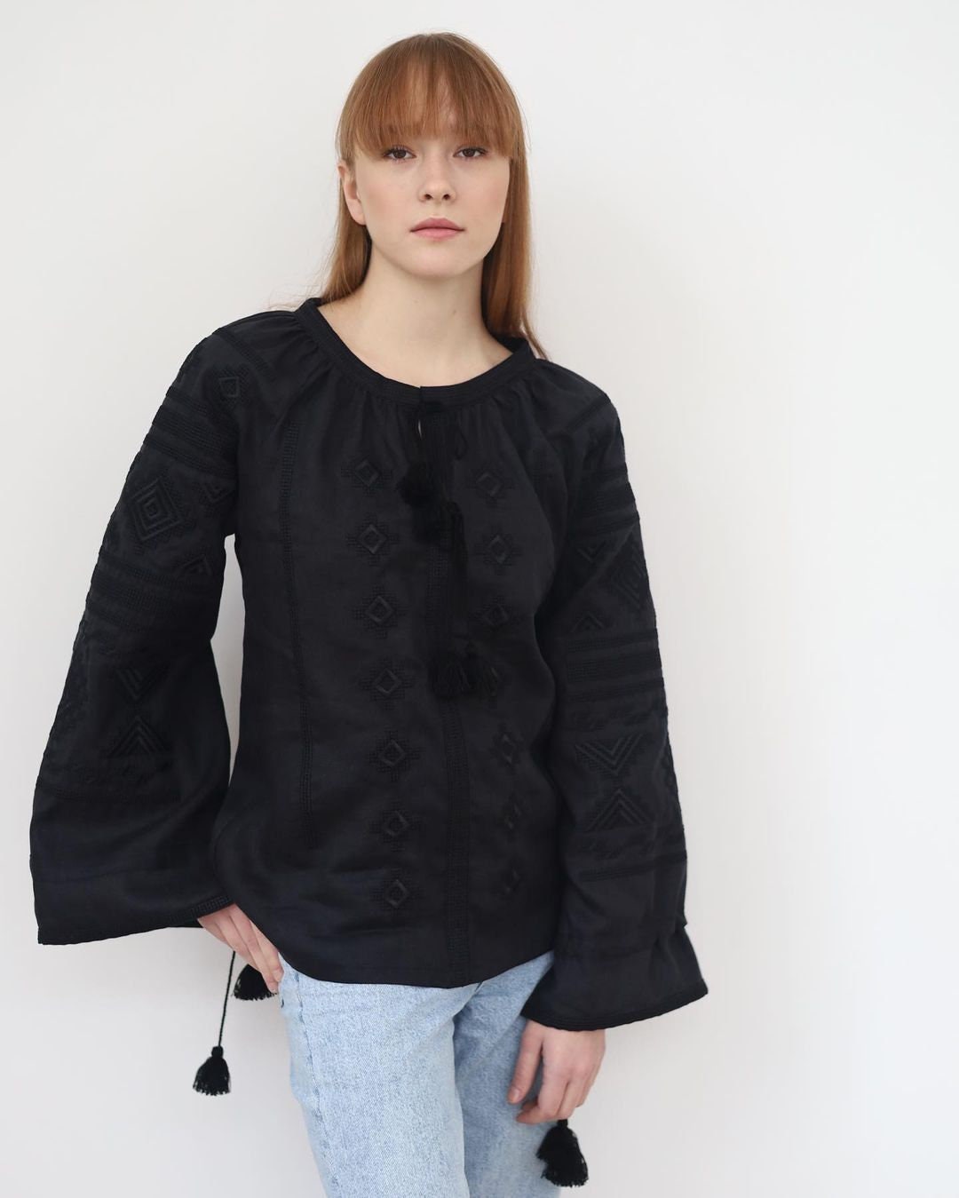 Black Ukrainian Vyshyvanka Blouse | Embroidered Bohemian Ethnic Shirt