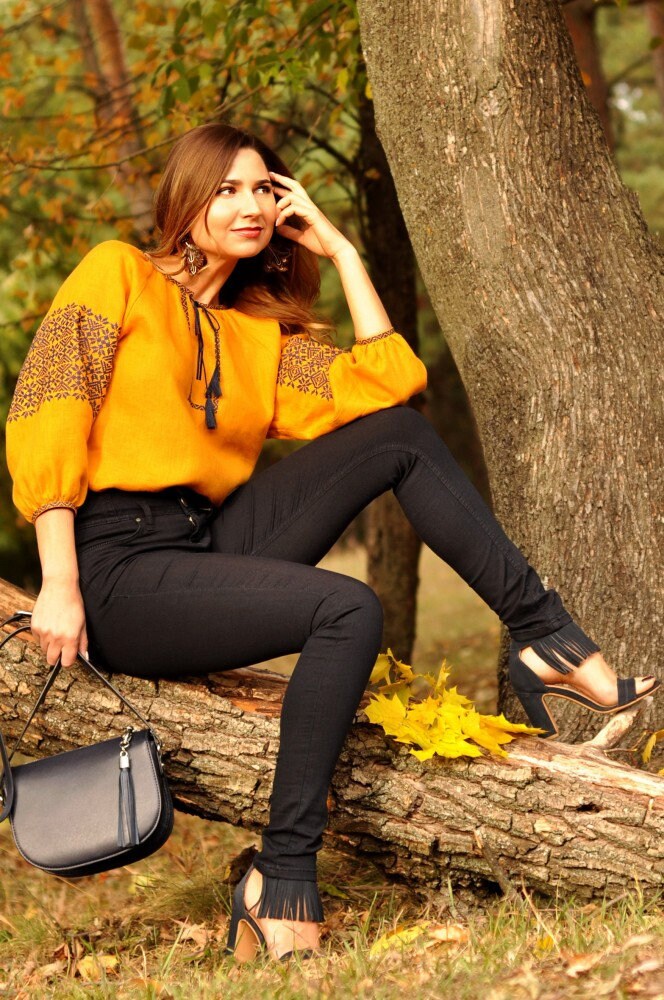 Yellow Embroidered Linen Blouse for Women - Elegant Long Sleeve Top